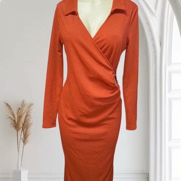 ASOS Brown Ribbed Bodycon Dress with Asymmetrical Neckline - Picture 5 of 9